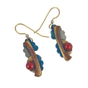 Brass Red Jasper Vintage Boho Dangly Earrings Blue Enamel Hand Made